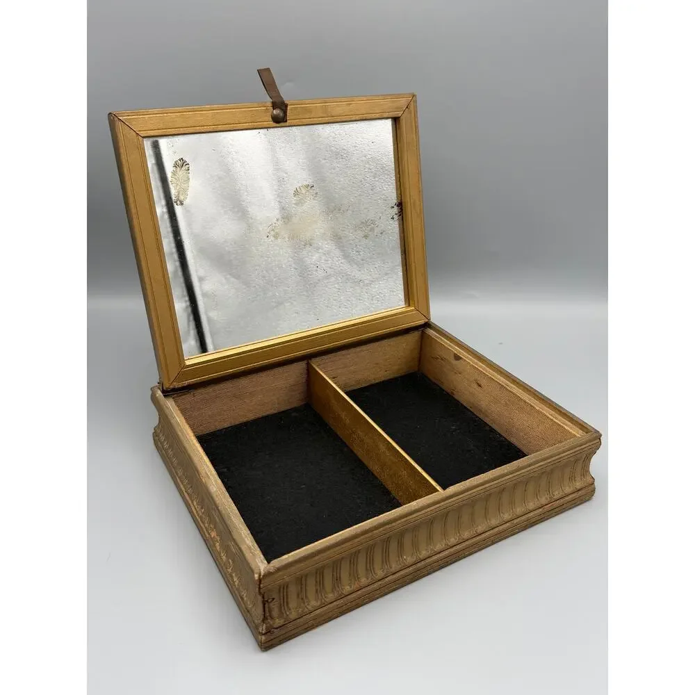 Gilt Wood Mirrored Jewelry Box Framed Pastoral Art Divided Vanity Keepsake